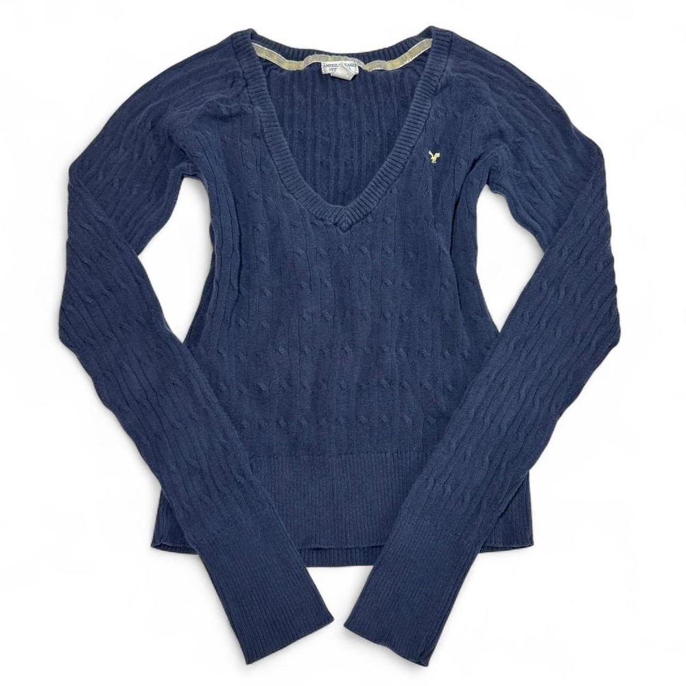 Y2K Navy Blue American Eagle Cable Knit V-Neck Sweater Medium Minor Flaw